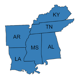 Outline of the 6 states of the Mid South Liver Alliance - Tennessee, Kentucky, Alabama Mississippi, Louisiana and Arkansas