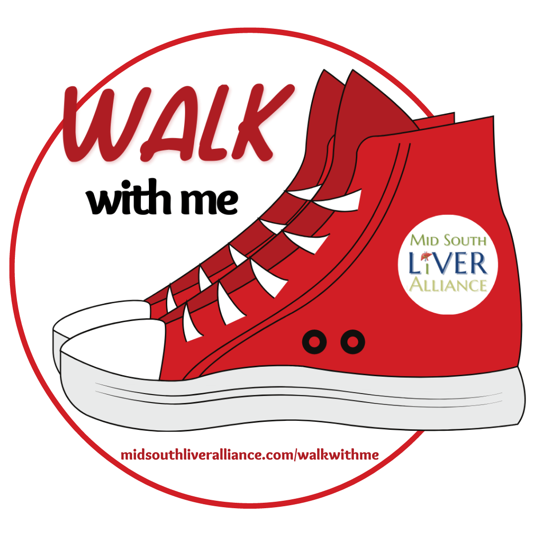 logo for Walk with Me with two "chuck red converse shoes, the Mid South Liver Alliance logo and the Mid South Liver Alliance website